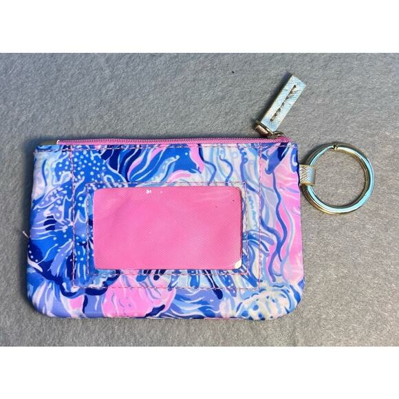 Lilly Pulitzer Zip ID Case Coin Pouch Card Holder Keychain Pink Blue Floral - Picture 4 of 8